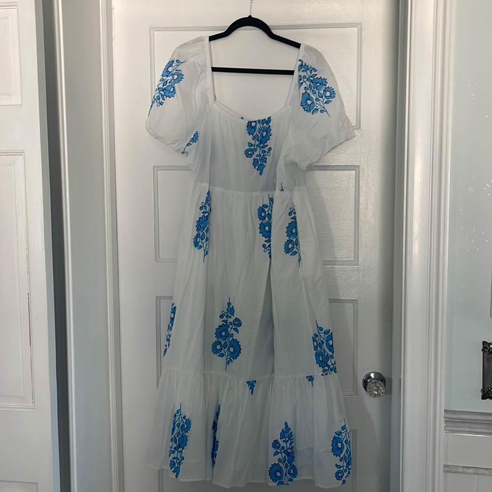 White Midi Dress with Blue Floral Embroidery